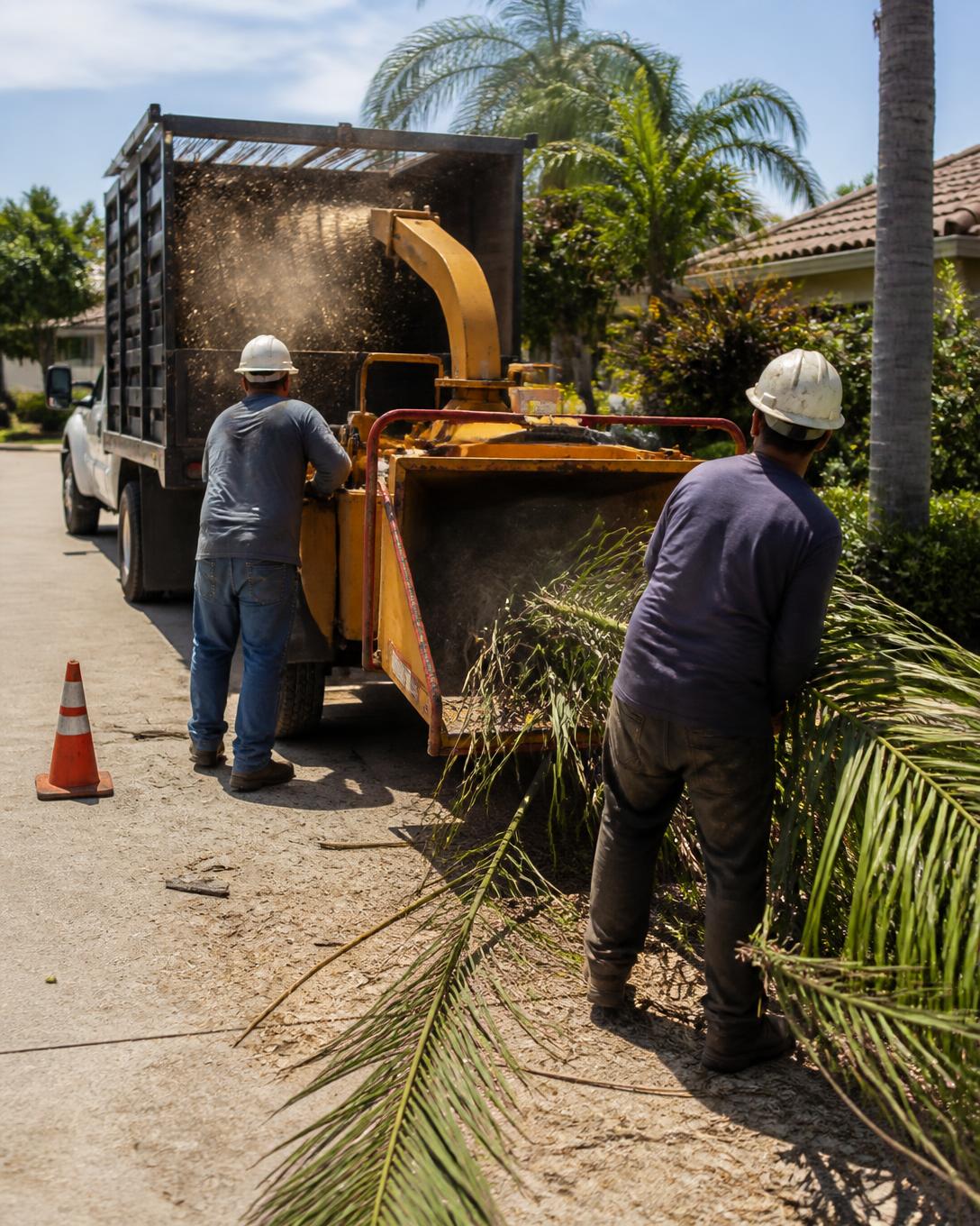 Mor Tree Service crew feeding cut limbs into a chipper in Chula Vista
