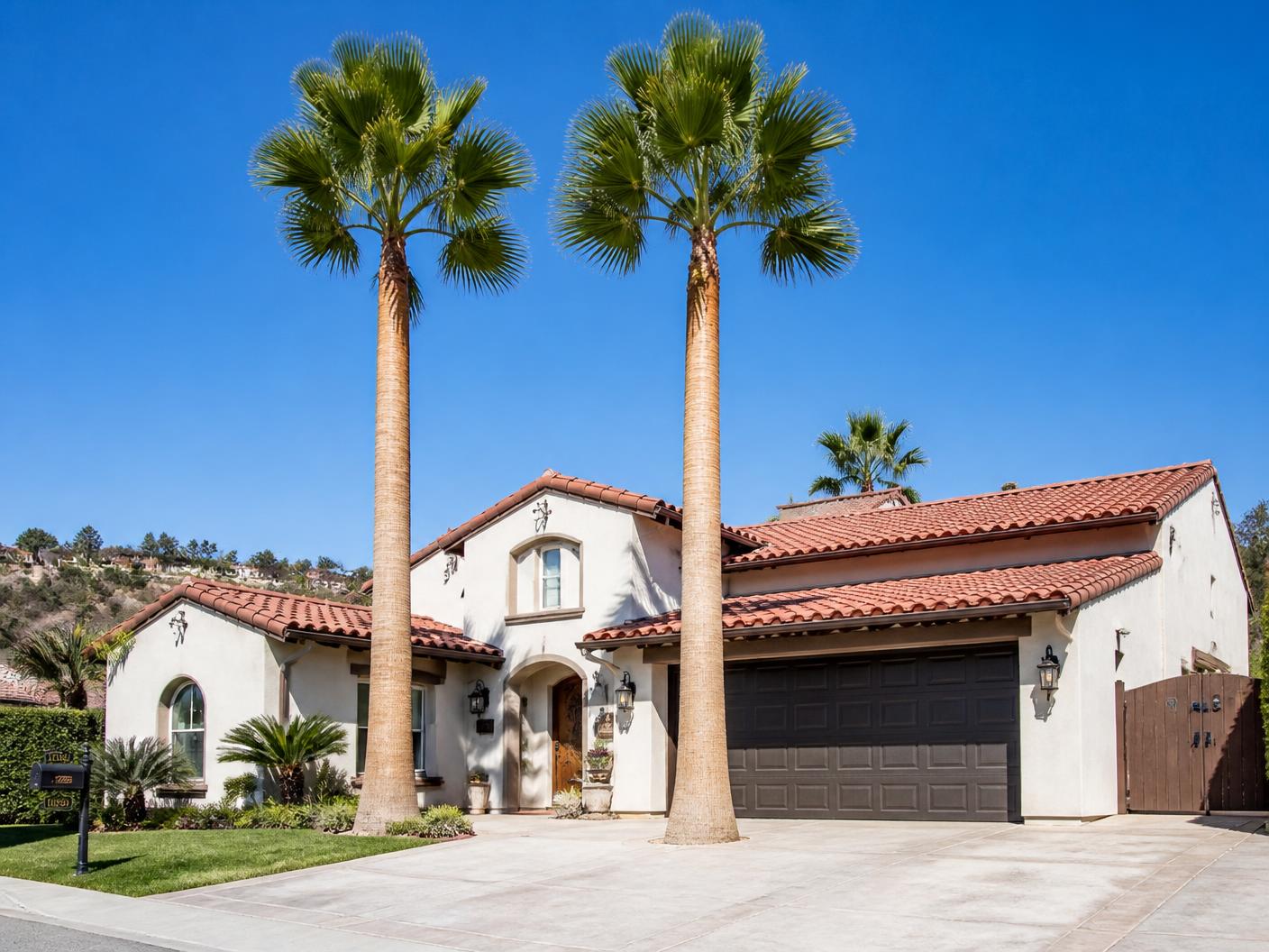 The same two Mexican fan palms trimmed and skinned in front of a Chula Vista home